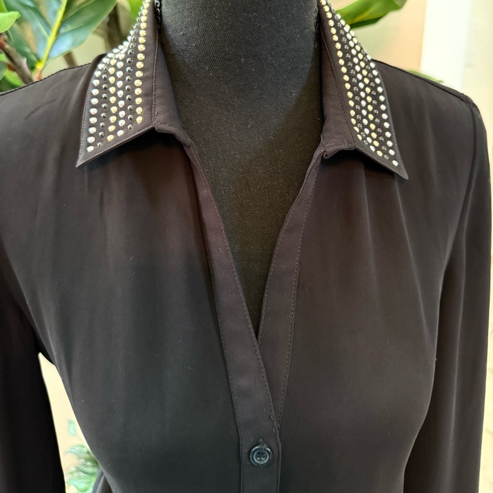 Multi Colored Metal Stud Embellished Black Collar Button Down Shirt Blouse
